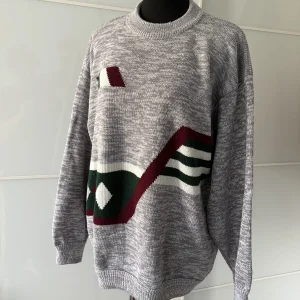 Vintage Strickpullover Grau meliert mit Streifenmuster